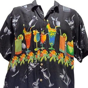 🌟Malibu Dreams Shirt Mens M Black S/S Hawaiian Button Up Aloha Cocktails